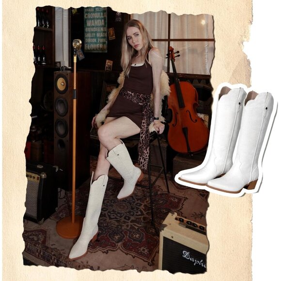 🆕Women White Faux Leather Pointed Toe Chunky Block Heel Vintage Western Boots - Picture 8 of 11